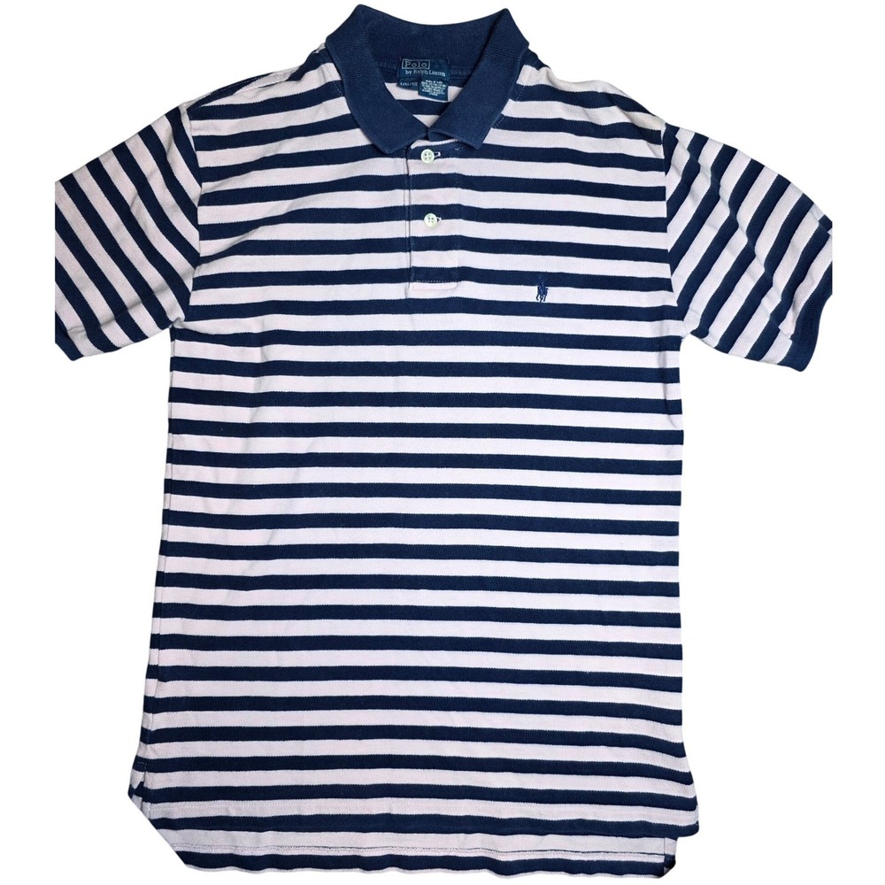 Polo Ralph Lauren Polo Shirt Boy L Striped Short Sleeve Navy w/Blue Pony Stretch